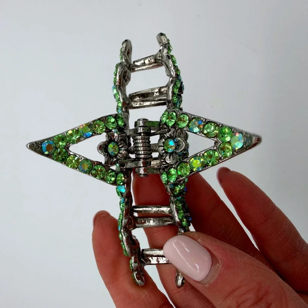 Green Rhinestone Statement Hair Claw Clip Large Festival Prom Y2K‎ Glam